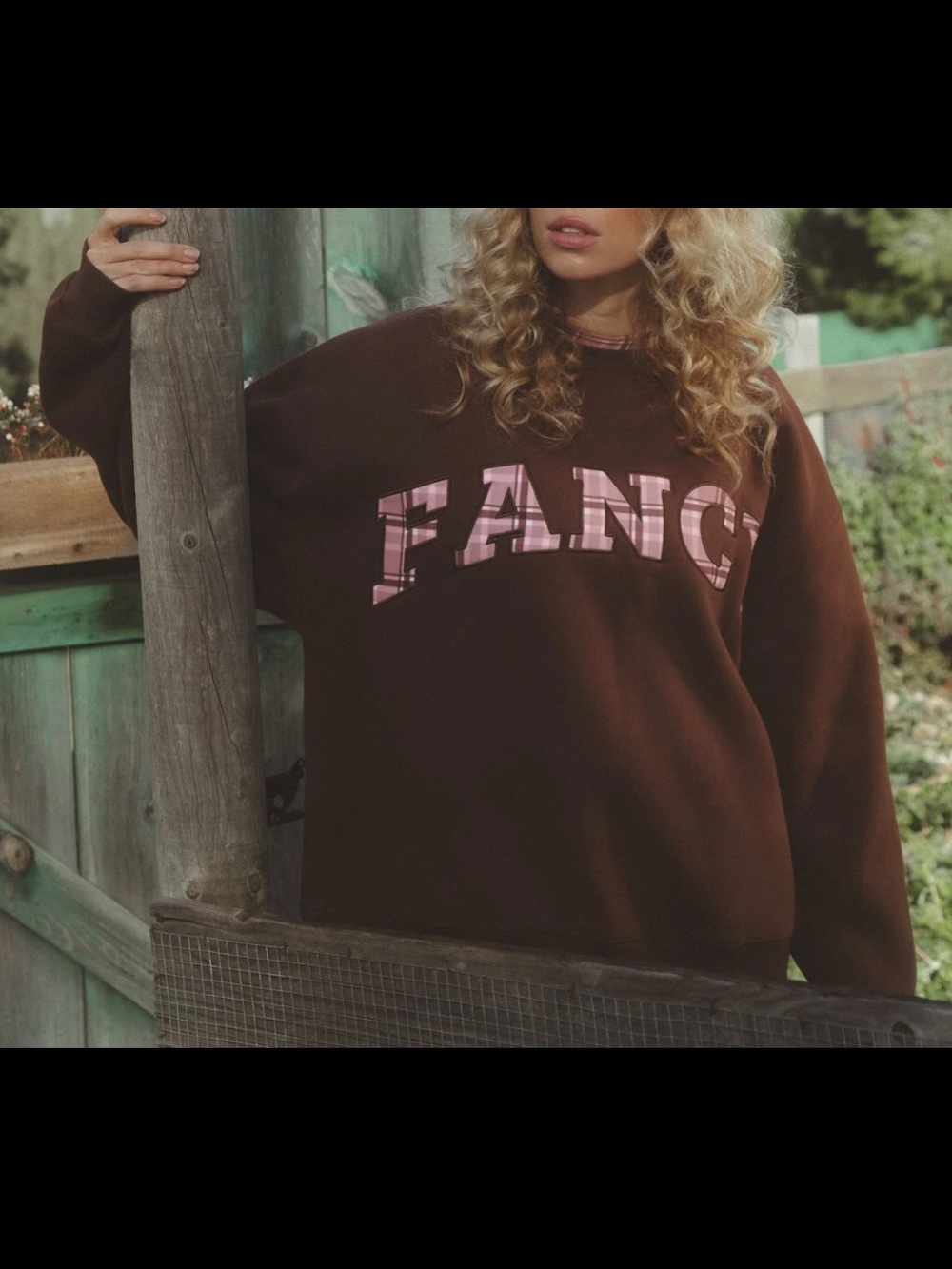 Shop Fancy Women's Brown Graphic Sweatshirt with Pink 'FANCY' Lettering